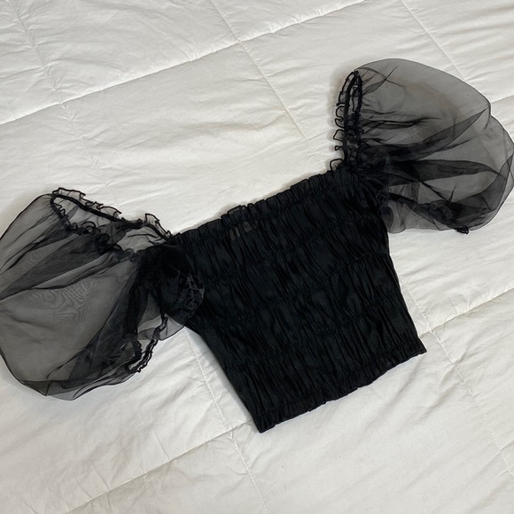 Mesh puff sleeve crop top - Black - Picture 4 of 7
